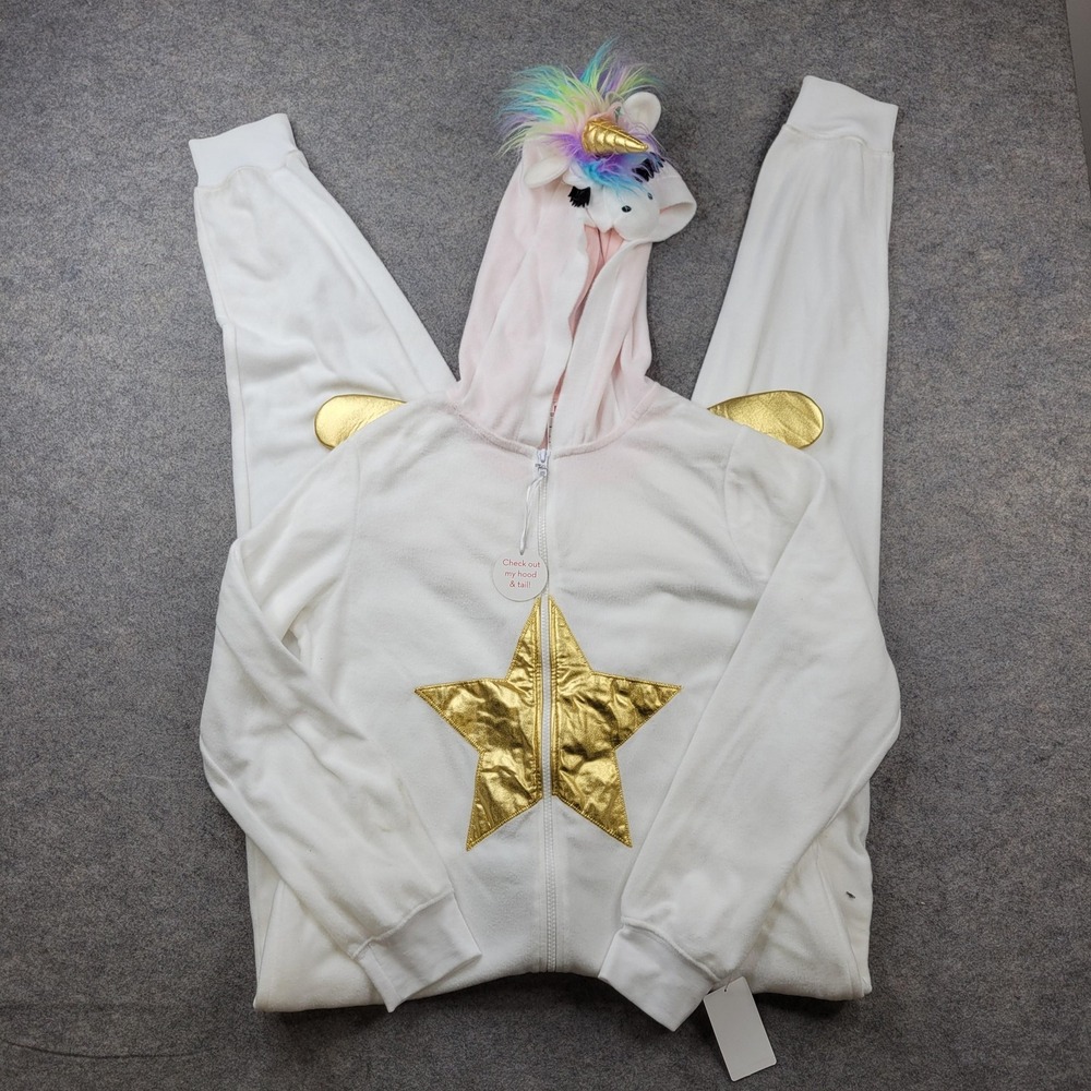Unicorn Costume One-piece Womens Medium/Large Pajama Hooded Fleece Zip One Piece